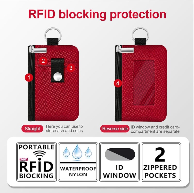 CCUMI Minimalist RFID Blocking Small Wallet with ID Window,WaterResistant Zip Id Case Wallet with Lanyard Keychain for Cards,Cash,Travel,Women,Men (Red) - Image 2